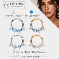 Anneau clicker pour septum en titane ASTM F136 plaqué or, avec couronne en zircone cubique et opale bleue, pour piercing corporel Daith, Hélix, Cartilage
