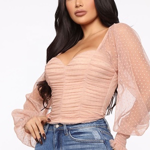 <span class=keywords><strong>Blusa</strong></span> de gasa de encaje transpirable para mujer, camisa de <span class=keywords><strong>manga</strong></span> larga <span class=keywords><strong>con</strong></span> estampado de lunares personalizados, cruzado en el pecho, ombligo desnudo, fruncido - Product Image 6
