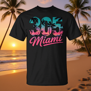 T-shirt Rétro Unisexe Col Rond Manches Courtes avec Palmiers Vintage et Code Postal 305 de Miami, pour Activités Promotionnelles, Sérigraphie - Product Image 3
