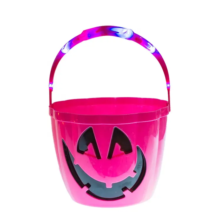 Kanlong-cesta de plástico con luces LED parpadeantes para Halloween, bolso de mano rosa para dulces, cesta de calabaza, venta al por mayor