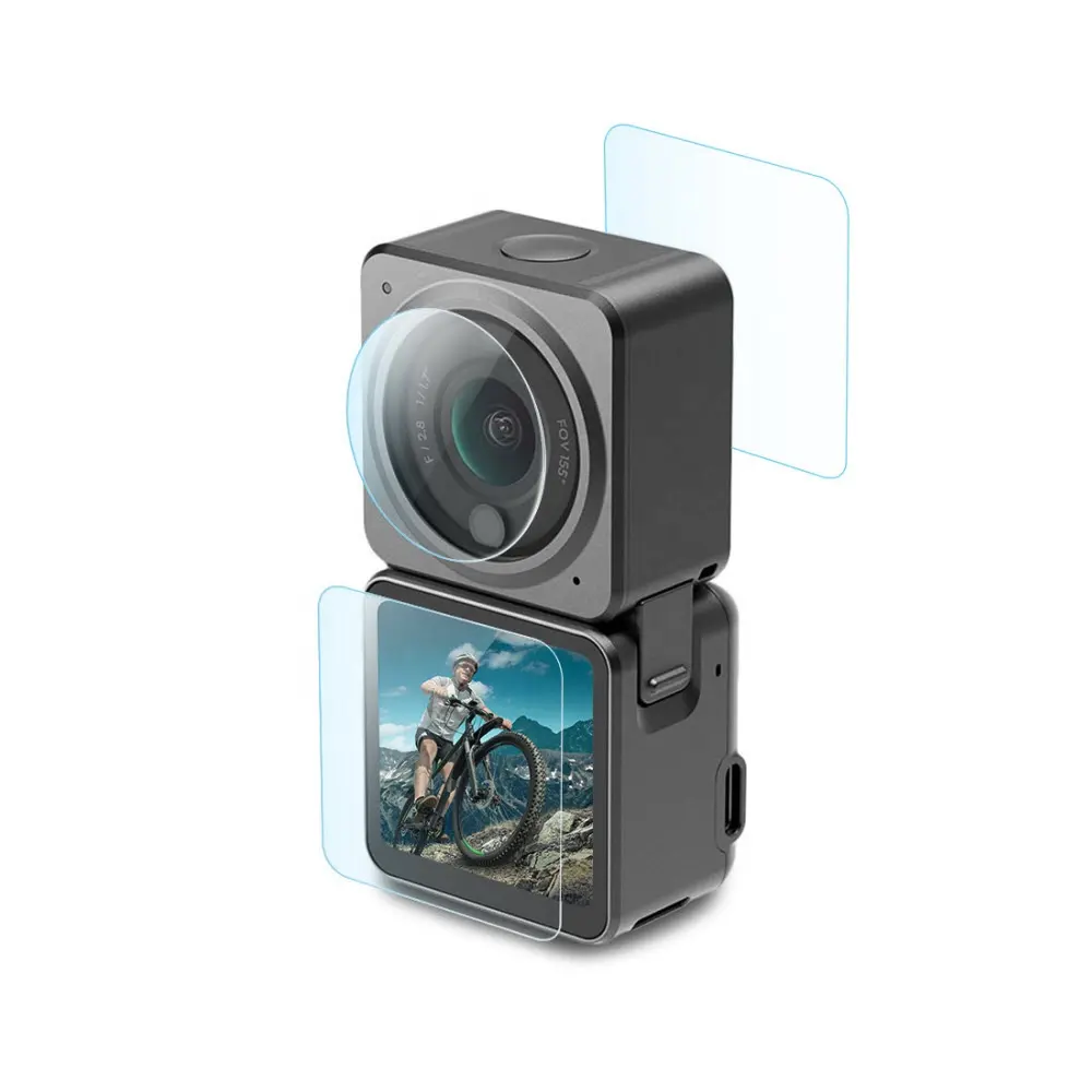 PULUZ Videokameras Zubehör 3-in-1-Objektiv LCD-Display vorne und hinten 9H 2.5D Schutz folie aus gehärtetem Glas für DJI Action 2