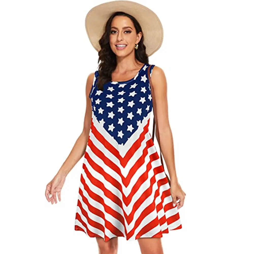 Summer Women American Flag Pattern Vintage Dress Sleeveless Sundresses Mini Dresses
