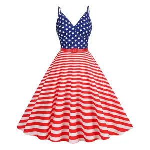 Summer Vintage Swing A Line Star Print Dress Women Blue Red Spaghetti Strap Halter Pin Up Dress Independence Day American SR543