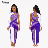Ensemble d'uniforme de majorette motif léopard violet, combinaison asymétrique à franges, dos ouvert, unitard de danse à panneaux blancs, tenue de performance