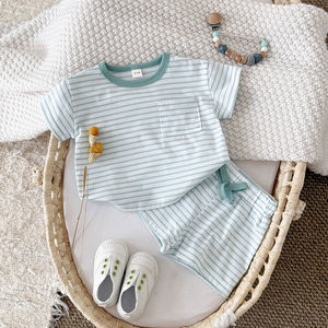 2025年夏 コラベビー キャンバス 半袖 ストライプ柄 カジュアルウェア 幼児男の子と女児用服セット - Product Image 4