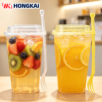 Gobelets carrés jetables en plastique rigide de 24 oz et 32 oz, uniques et créatifs, pour fruits, jus et boba, avec couvercles et fourchettes