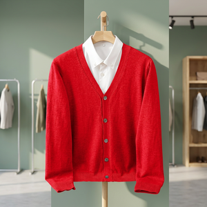 <b>Men's</b> Red V-neck <b>Wool</b> <b>Cardigan</b> Full Sleeve Button Closure Solid Color Autumn Wear - Product Image 2