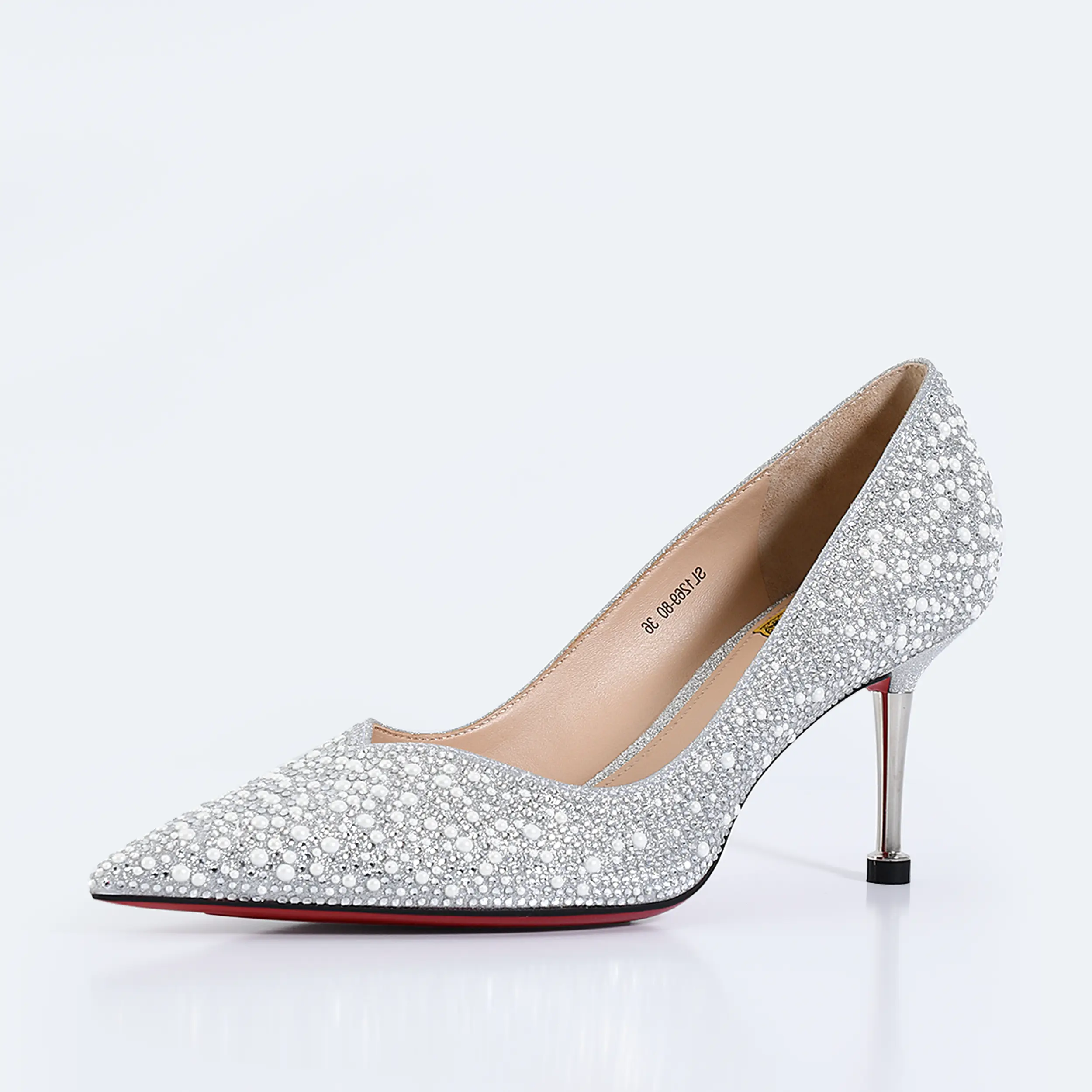 Designer Pointed Red Bottom Rhinestones Womens Shoes Heels Pumps Prom Wedding Metal Thin Heels With Pearls