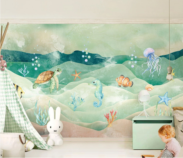 Custom Design Wall Mural for Children's Room Turtle and Fish Underwater Marine Life Kids Wallpaper Home Decoration