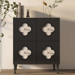 Premium Black Tall Wooden Cabinet 4-Door Quatrefoil Mother of Pearl Inlay Spindle Leg <b>Storage</b> <b>Sideboard</b> For Entryway Living Room - Product Image 6