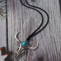 Collier long en alliage de zinc avec pendentif tête de taureau bleu turquoise, style western rétro cowboy minimaliste, sur cordon en cuir