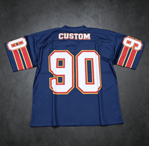 เสื้อฟุตบอลแขนสั้นสีน้ำเงินสำหรับผู้ชายแบบสั่งทำพิเศษหมายเลข 90 พิมพ์ลายสกรีน ขอบตัดสี คอกลม ทรงปกติ - Product Image 3