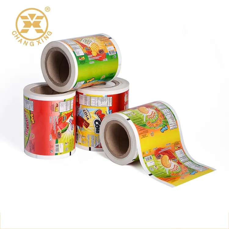 Embalagem de alimentos bopp/pet/mylar/cpp filme plástico laminado no rolo com design de logotipo personalizado impresso para lanche de doces