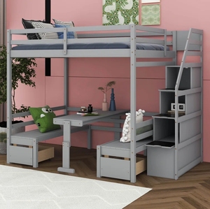 <span class=keywords><strong>Lit</strong></span> mezzanine multifonctionnel pour enfants avec bureau et banc, escalier de rangement avec compartiments, <span class=keywords><strong>lit</strong></span> <span class=keywords><strong>superposé</strong></span> en bois massif blanc pour garçons, filles et adolescents - Product Image 3