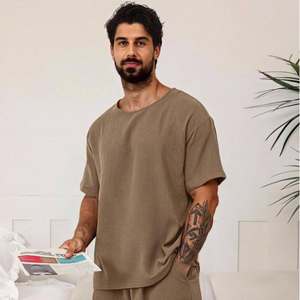 Pyjama en bambou marron pour homme, logo personnalisé, vêtements en gros, pantalon de nuit, ensembles de pyjamas à manches courtes, vêtements de maison tricotés pour homme - Product Image 1