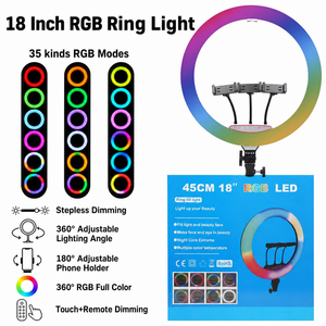 Anneau lumineux LED <span class=keywords><strong>à</strong></span> gradation progressive de 18 pouces, réglable <span class=keywords><strong>à</strong></span> 360 degrés, pour studio <span class=keywords><strong>photo</strong></span>, avec support de téléphone réglable - Product Image 1