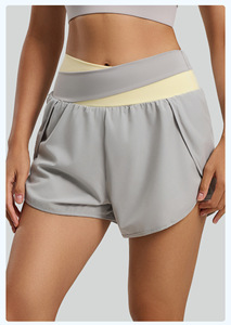 Shorts de sport pour femmes à taille croisée double couche, séchage rapide, poches latérales, extensibles, pour entraînement, jogging, cyclisme, yoga - Vente en gros - Product Image 4
