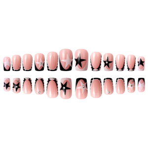 <span class=keywords><strong>Faux</strong></span> ongles à presser Y2K contrastants, style French, moyens, forme carrée, motif étoile dessinée à la main, motif <span class=keywords><strong>vache</strong></span>, avec cristaux, prêts à poser, vente en gros - Product Image 5