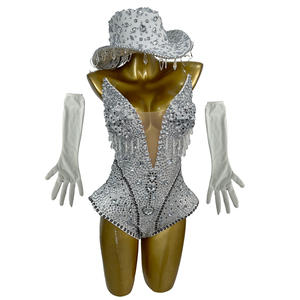 Conjunto de Body Sexy con Pedrería, Sombrero y Guantes para Festival, Traje de Espectáculo para Mujer, <span class=keywords><strong>Disfraz</strong></span> de Cantante, Bailarina, Carnaval, <span class=keywords><strong>Fiesta</strong></span> - Product Image 1