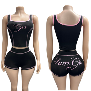 Set Pakaian Wanita dengan Logo Custom, Fashion Y2K 2 Potong, Tank Top Tanpa Lengan & Celana Pendek, Tracksuit Kasual Wanita - Product Image 6