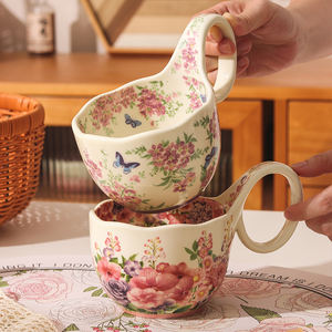 Tazza in ceramica Vintage in broccato floreale con manico a cucchiaio 10 once ciotola di farina d'avena per la colazione a casa lavabile in lavastoviglie per il tè del pomeriggio - Product Image 1