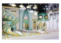 Aire de jeux intérieure sur le thème des mécanismes d'horlogerie vintage avec toboggan en spirale et piscine à balles pour enfants