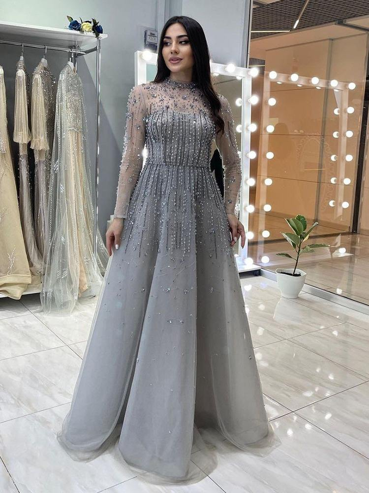 grey engagement dress Berylove Women Silver Grey Wedding Party Guest Dress with Slit A Line Floral Embroidery Maxi Dress, Silver Grey / S