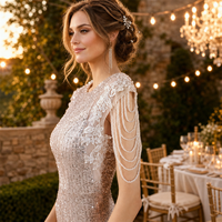 Robe de soirée champagne à sequins et dentelle, col bateau, ornée de perles et de franges, longueur ras du sol, sur mesure, vente en gros