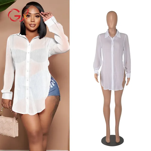 GX0230 New fashion women's sexy perspective single breasted solid color long sleeve lapel loose split elegant shirt ladies