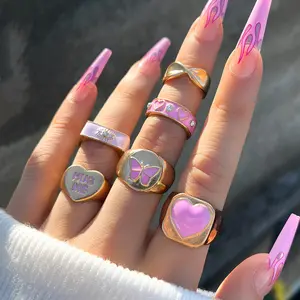 Wannee Exaggerated 6 PCS/Set Pink Oil Drip Diamond Heart Butterfly Rings Devil Eyes Hug Me Letter Enameled Finger Rings Set