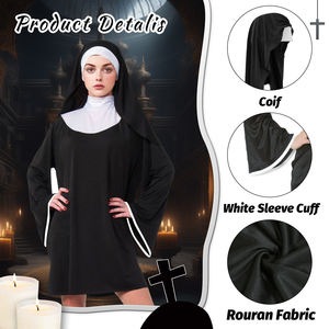 Costume da <span class=keywords><strong>suora</strong></span> Sexy da donna, abito corto nero con finiture e cappuccio bianco, <span class=keywords><strong>vestito</strong></span> Cosplay di Halloween con accessori per feste di carnevale - Product Image 2