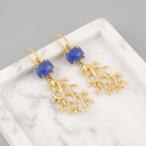 Luxury Fashion Jewelry Blue Chalcedony Coral Branch Drop <b>Earrings</b> Solid Brass 18k Gold Plated women's Statement <b>Hook</b> <b>Earrings</b> - Product Image 4