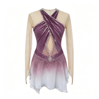 Costume de patinage artistique à dégradé violet avec strass, dos croisé, manches longues, pour enfants et adultes, compétition et performance