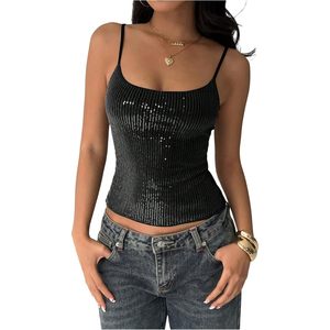 Women's <b>Sequin</b> Crop Top Spaghetti Strap Bodycon Cami Square Neck Party Club Outfit - Product Image 1