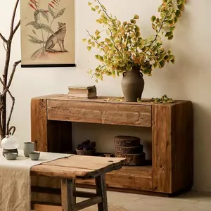 Mesa artesanal industrial e vintage console de madeira reciclada com gavetas