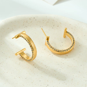 T-Shaped Hoop Earrings Gold Plated With Zircon Inlay S925 Silver Needle Everyday Wear Geometric Design - Product Image 1