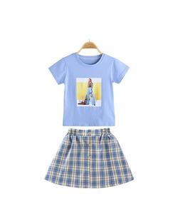 Meilleures ventes de vêtements pour enfants : Ensemble jupe-short à carreaux et t-shirt imprimé à manches courtes bleu pour filles, livraison directe - Product Image 4