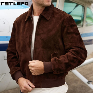 Cut And Sew <b>Suede</b> Bomber <b>Jacket</b> <b>Men</b> Dark Brown Ribbed Cuff Windbreaker Streetwear Outerwear Manufacturers Bulk - Product Image 3