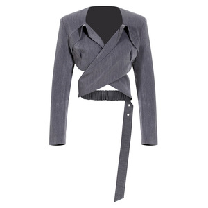 Stile di Design di nicchia due pezzi da donna 2023 primavera nuovo cappotto <span class=keywords><strong>grigio</strong></span> a tracolla con cuciture a foglia di loto - Product Image 6
