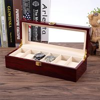 6 Slot Bingkai Pajangan Jam Tangan Berbahan Kayu Motif Cherry Merah, Dapat Dikunci, Panjang dan Sempit, Anti Debu, Transparan, untuk Meja