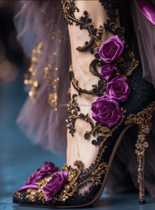 Sexy paarse bloemen bruiloft strass enkelhoge hakken metalen zwarte bloemen kristallen vlinder hak sandaal paarse bruidsschoenen - Product Image 3