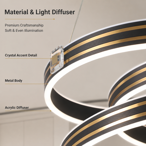 Lustre moderne à anneaux LED en métal noir et or 128W, trois couleurs, hauteur réglable, pour salle à manger intérieure, décoration intérieure - Product Image 3