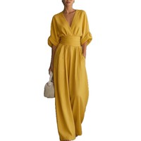 En stock – Nouvelle collection Printemps-Été 2026 – Combinaison élégante à col en V et ceinture à nouer pour femme – Tenue une pièce stylée de style européen et américain