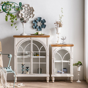 French Style Sideboard With Glass Doors White Wood Top Entryway Storage Cabinet Living Room Decorative Furniture Handmade - Product Image 1