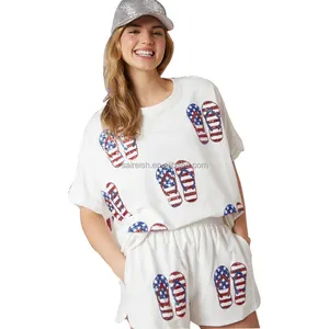 夏季女装新独立日国旗亮片上衣和短裤套装两件套休闲亮片t恤