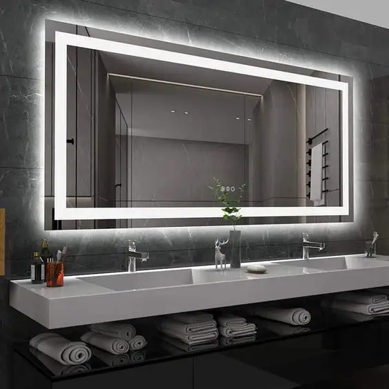 Anti fog mirror rectangle wall mounted brightness contuol bathroom mirror