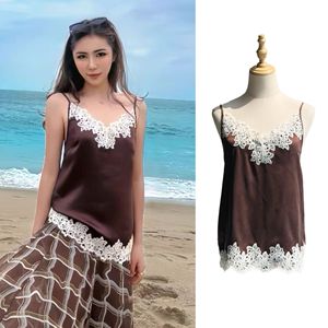 Camisola de seda lavada de alta calidad para mujer, con encaje, estilo dulce y sexy, sin mangas - Product Image 1