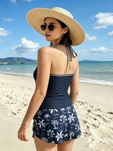 Women's Halter Neck Skirted Tankini Set with Scalloped Trim Side Tie Palm Print Bottom, Modest Tummy Control Swimwear - Product Image 3