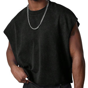 Тяжелая хлопковая французская махровые винтажные Промытые футболки без рукавов с необработанным краем укороченная мужская майка для лета - Product Image 5