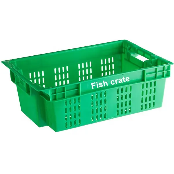 Vented plastic stack and nest vegetable storage crate for harvest and supermarket
